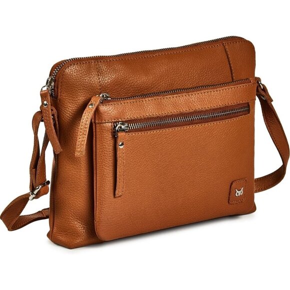 Handbags - Women Cognac Imported Leather Polyester Crossbody Sling Shoulder Crossover Bag